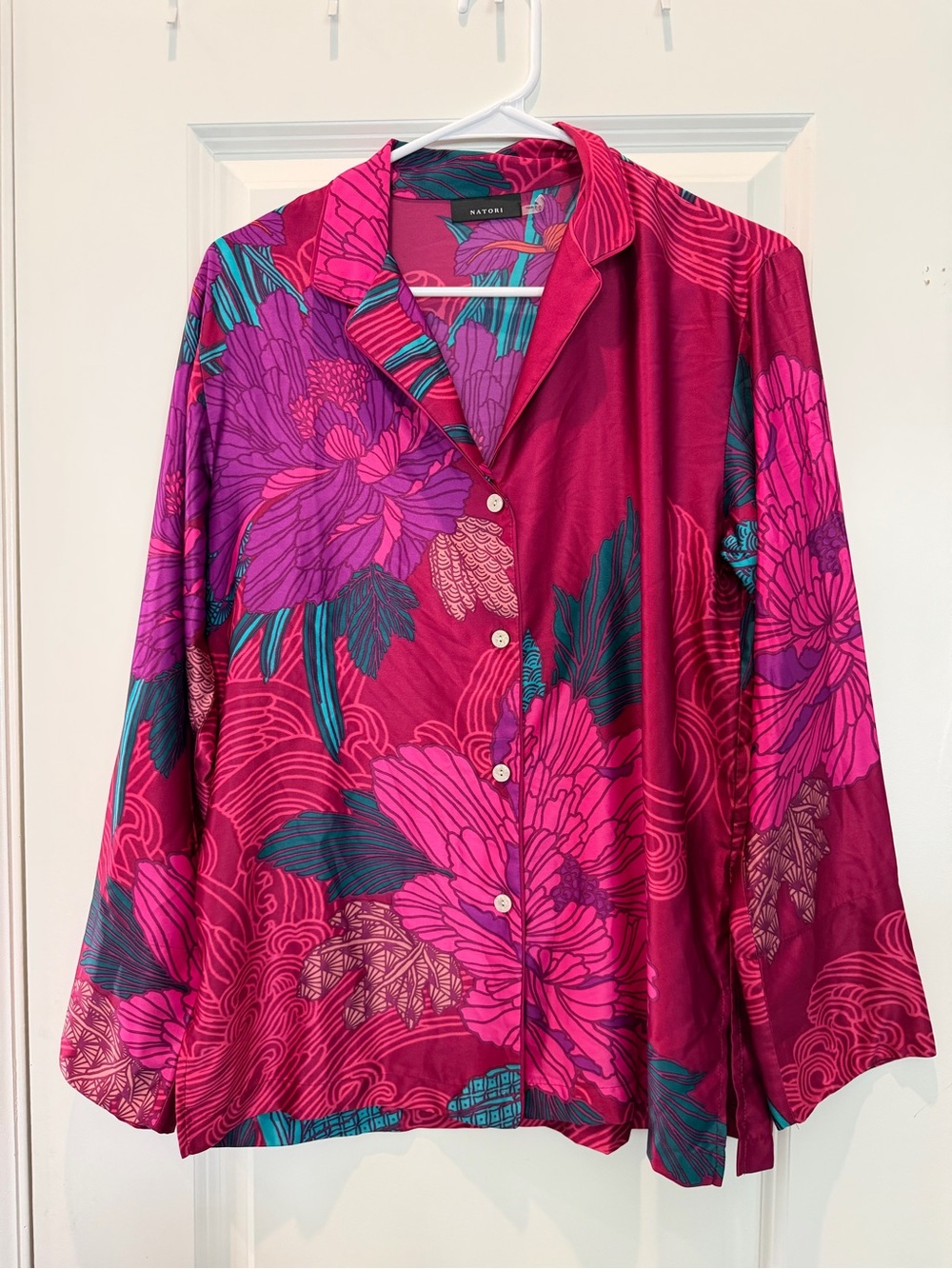Natori Magenta Floral Button-Front Pajama Top with Teal Accents